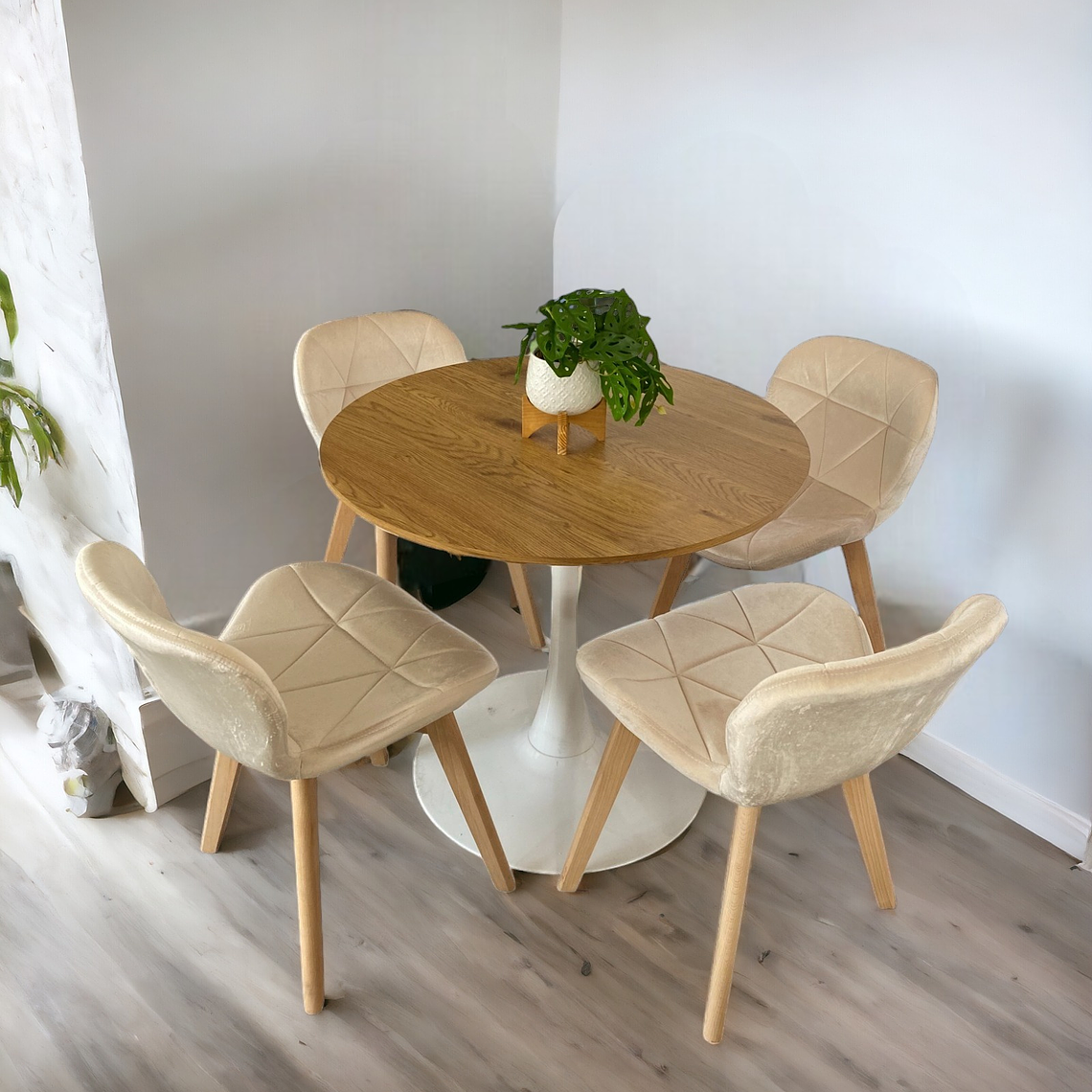 Comedor Mesa Redonda Tulip Madera + Sillas Radar Velvet 1