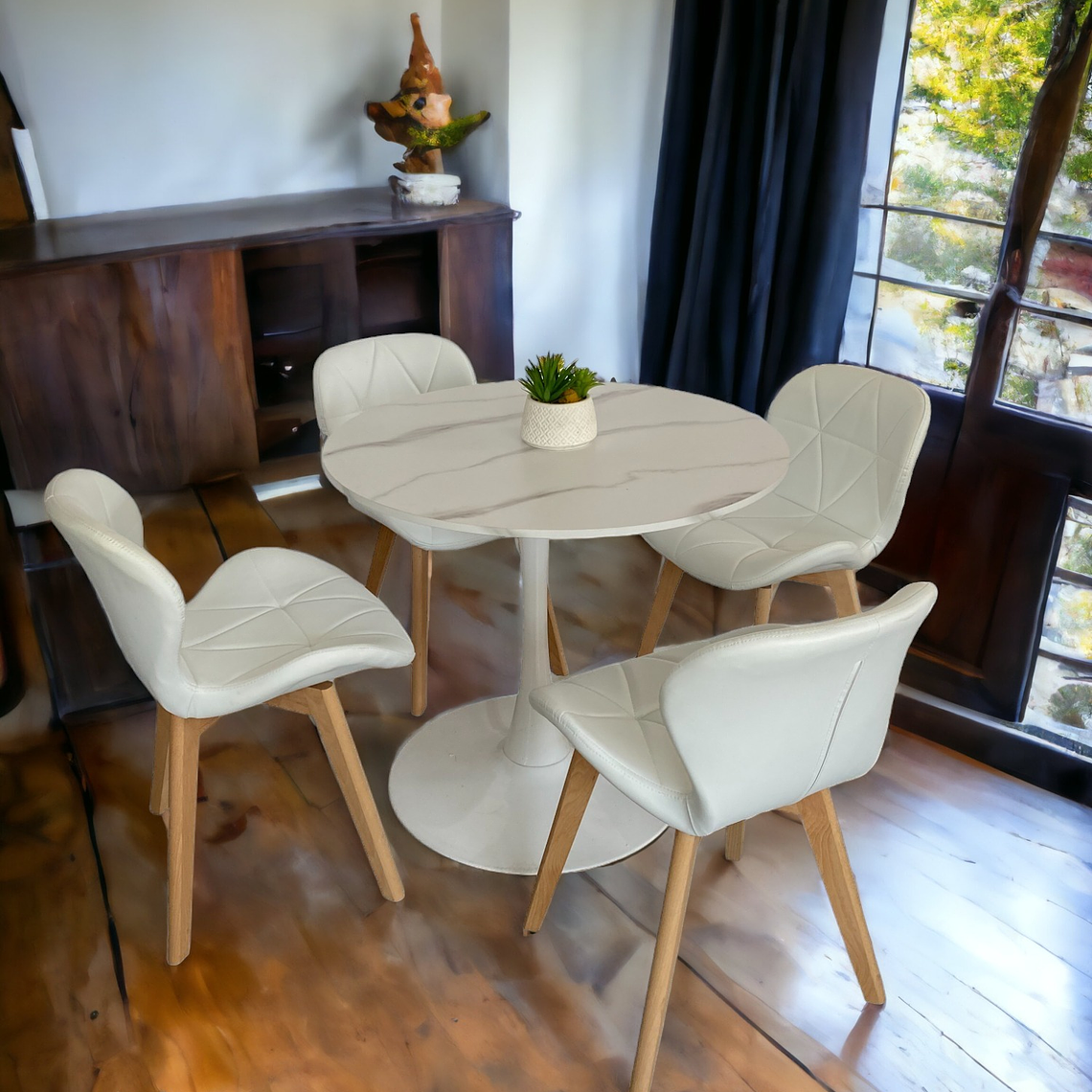 Comedor Mesa Redonda Tulip Cuarzo Blanco + Sillas Radar Fiori 1