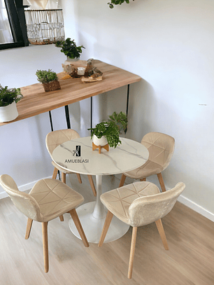 Comedor Mesa Redonda Tulip Cuarzo Blanco + Sillas Radar Velvet