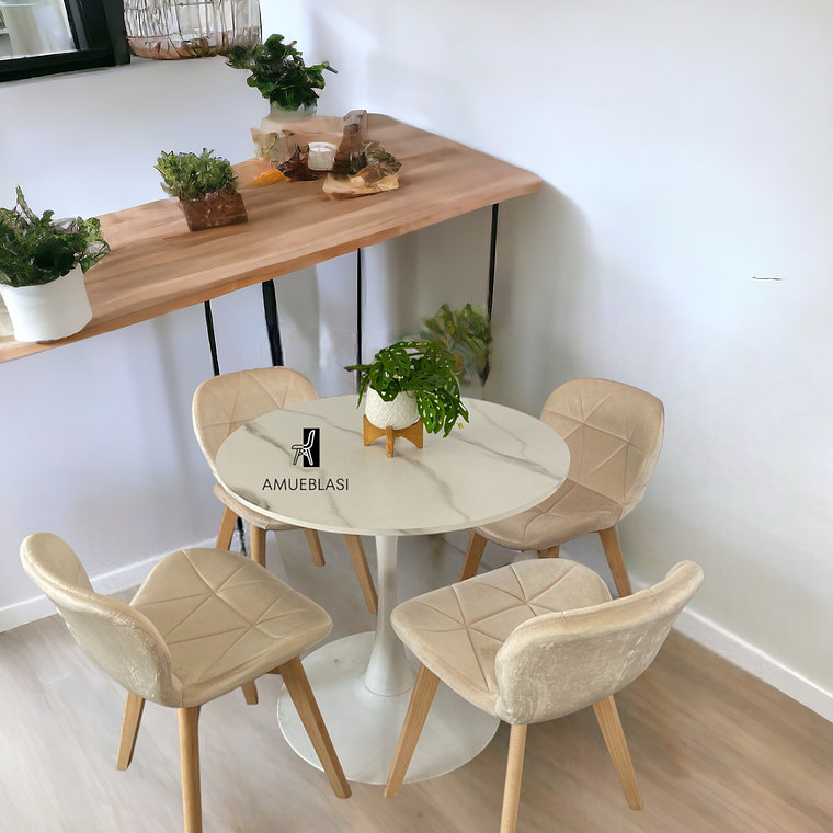 Comedor Mesa Redonda Tulip Cuarzo Blanco + Sillas Radar Velvet 1