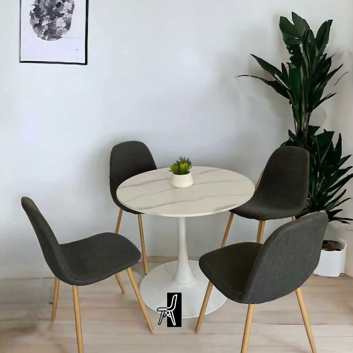 Mesa Redonda Tulip Cuarzo Blanco + Sillas Scoop 3