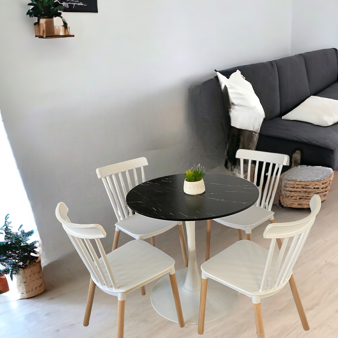 Comedor Mesa Redonda Tulip Cuarzo Negro + Sillas Windsor 1