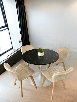 Comedor Mesa Redonda Tulip Cuarzo Negra + Sillas Radar Velvet