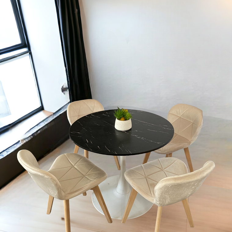 Comedor Mesa Redonda Tulip Cuarzo Negra + Sillas Radar Velvet 1