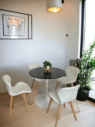 Comedor Mesas Redonda Tulip Cuarzo Negra  + Sillas Radar Fiori