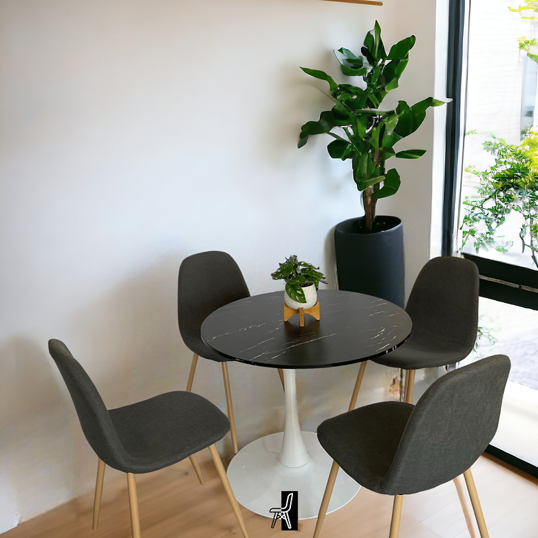 Comedor Mesa Redonda Tulip Cuarzo Negra + Sillas Scoop 1
