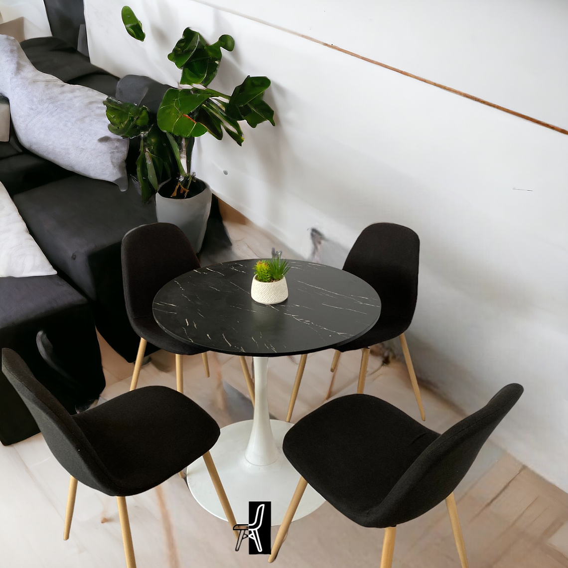 Comedor Mesa Redonda Tulip Cuarzo Negra + Sillas Scoop 2