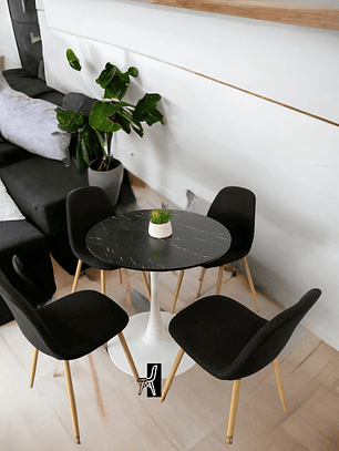 Comedor Mesa Redonda Tulip Cuarzo Negra + Sillas Scoop
