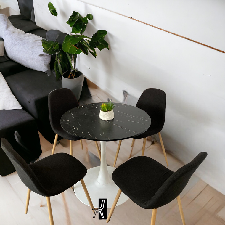 Comedor Mesa Redonda Tulip Cuarzo Negra + Sillas Scoop 2