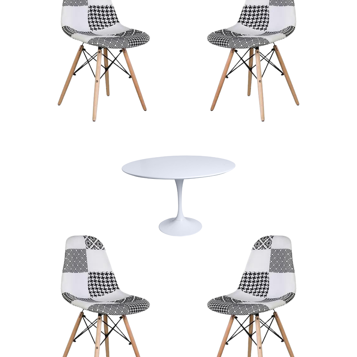 Comedor Mesa Redonda Tulip Blanca + Sillas Patchwork 4