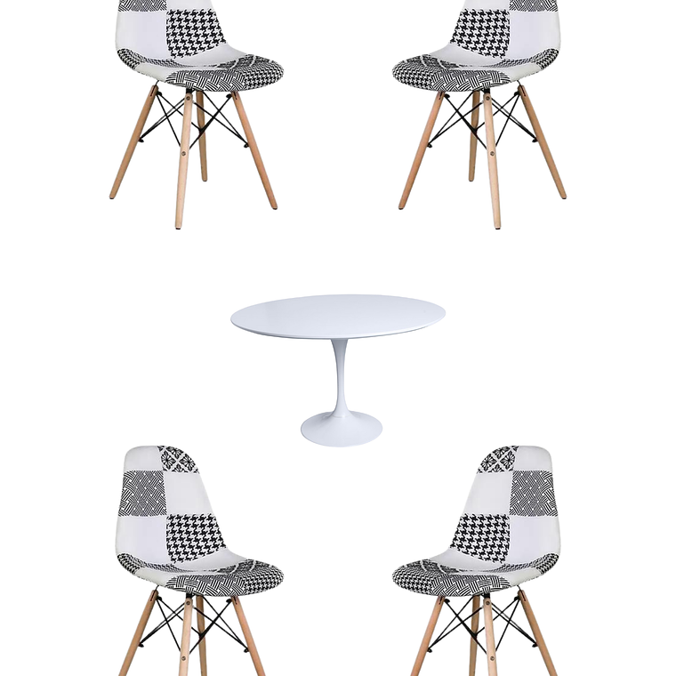 Comedor Mesa Redonda Tulip Blanca + Sillas Patchwork 4
