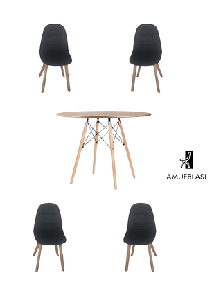 Comedor Mesa Redonda Melamina Eames Madera 120 cm  + Sillas Capitone