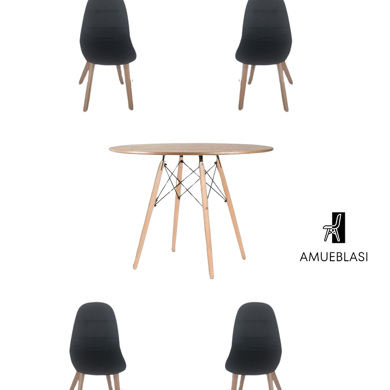 Comedor Mesa Redonda Melamina Eames Madera 120 cm  + Sillas Capitone 1