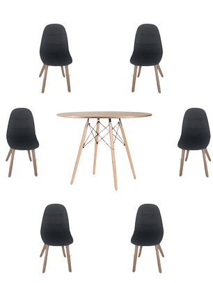 Comedor Mesa Redonda Melamina Eames Madera 120 cm  + Sillas Capitone