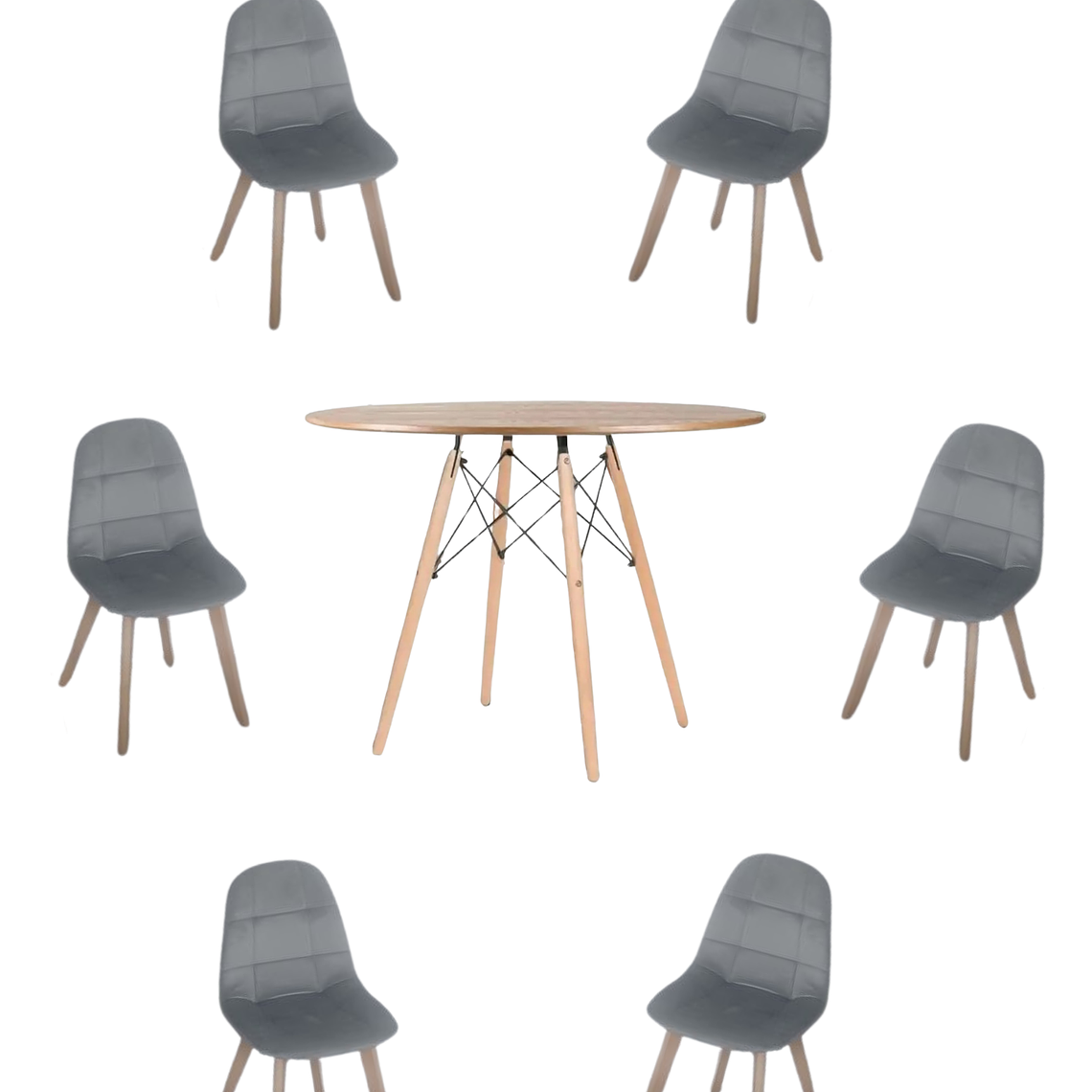 Comedor Mesa Redonda Melamina Eames Madera 120 cm  + Sillas Capitone 4
