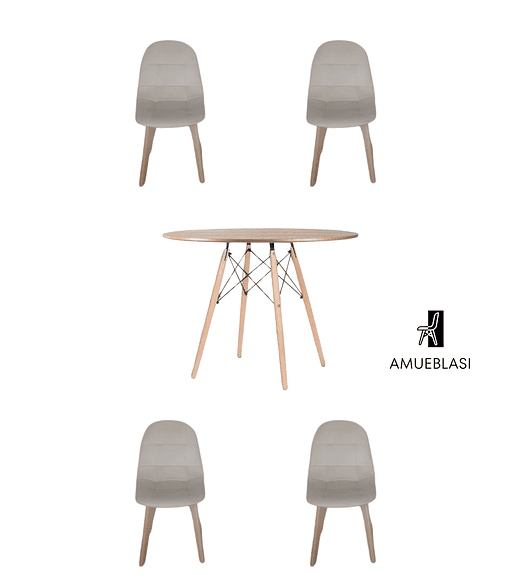 Comedor Mesa Redonda Melamina Eames Madera 120 cm  + Sillas Capitone - beige