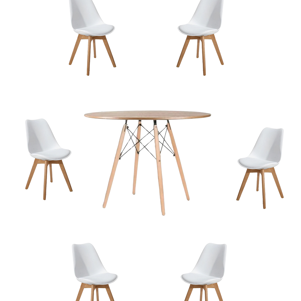 Comedor Mesa Redonda Melamina Eames Madera 120 cm + Sillas Tulip 2