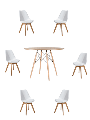 Comedor Mesa Redonda Melamina Eames Madera 120 cm + Sillas Tulip