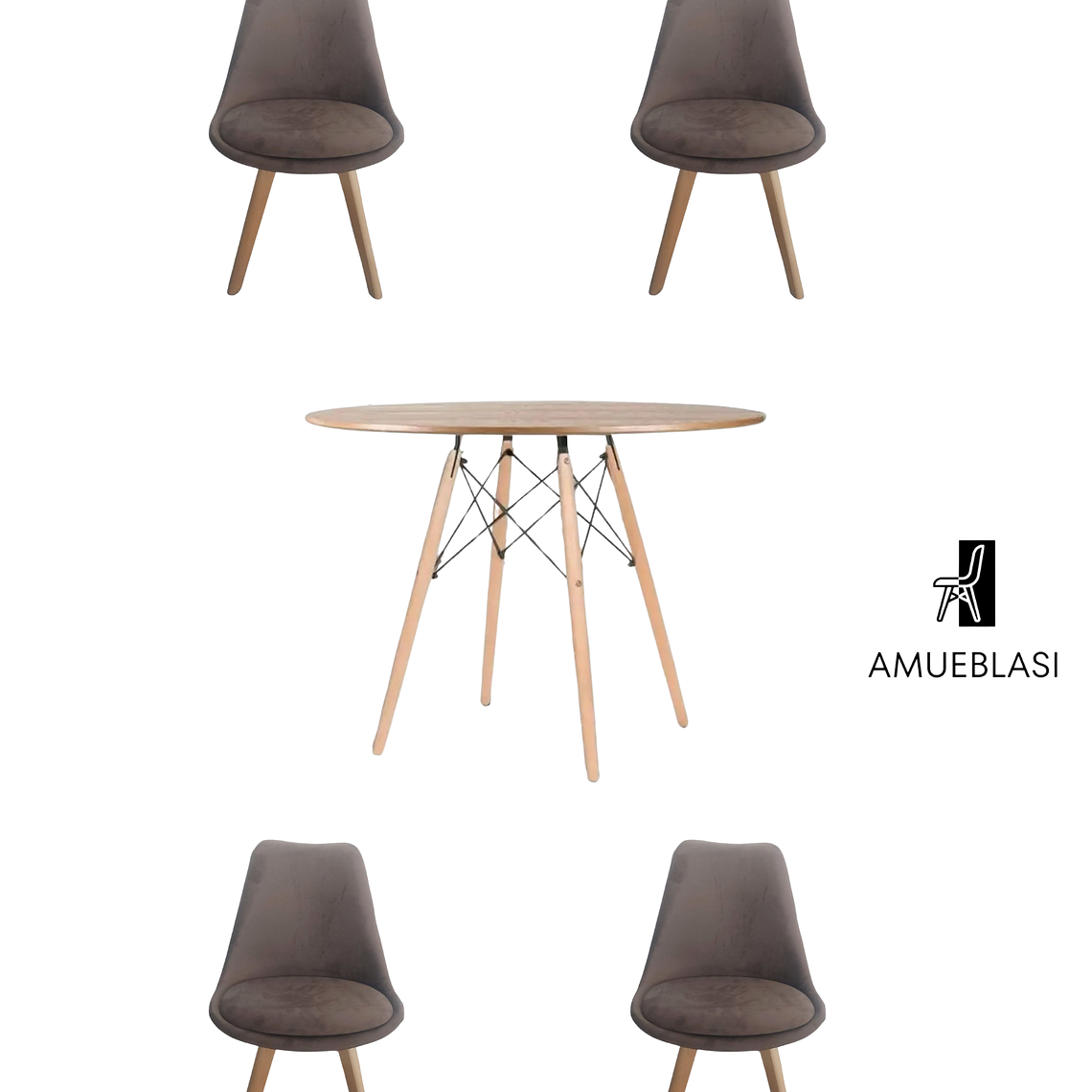 Comedor Mesa Redonda Melamina Eames Madera 120 cm + Sillas Tulip Velvet 1