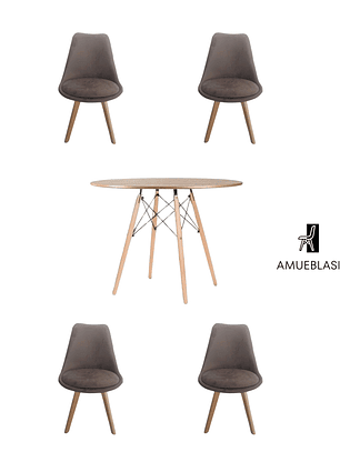 Comedor Mesa Redonda Melamina Eames Madera 120 cm + Sillas Tulip Velvet