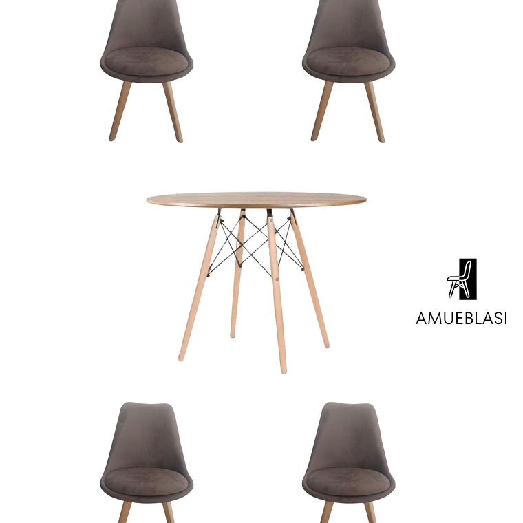 Comedor Mesa Redonda Melamina Eames Madera 120 cm + Sillas Tulip Velvet 1