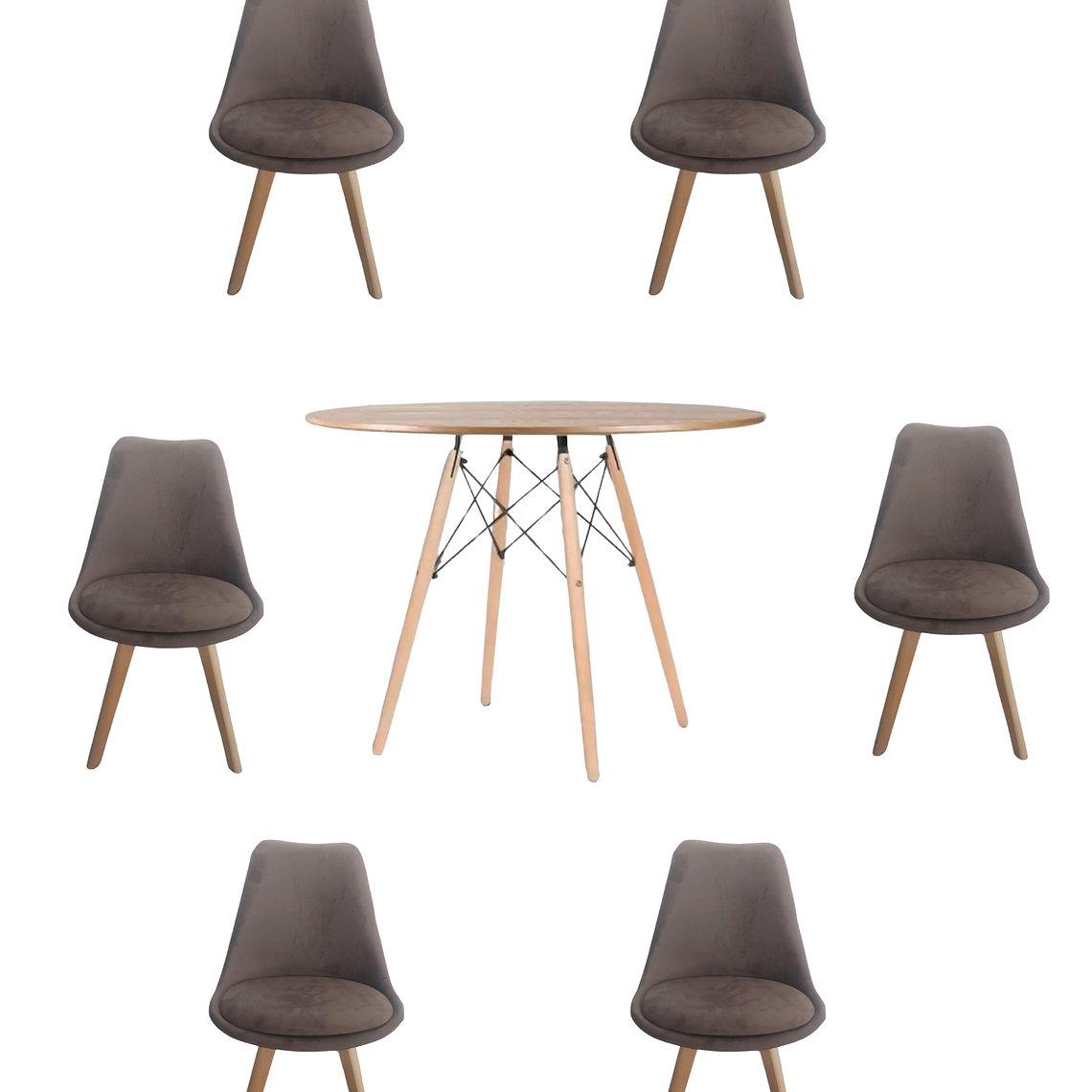 Comedor Mesa Redonda Melamina Eames Madera 120 cm + Sillas Tulip Velvet 2