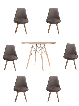 Comedor Mesa Redonda Melamina Eames Madera 120 cm + Sillas Tulip Velvet