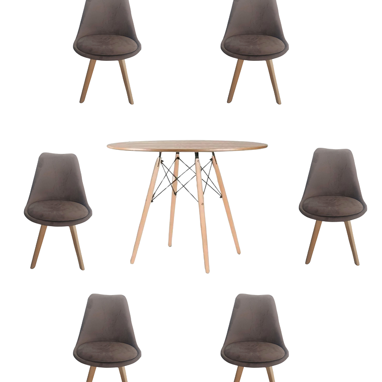 Comedor Mesa Redonda Melamina Eames Madera 120 cm + Sillas Tulip Velvet 2
