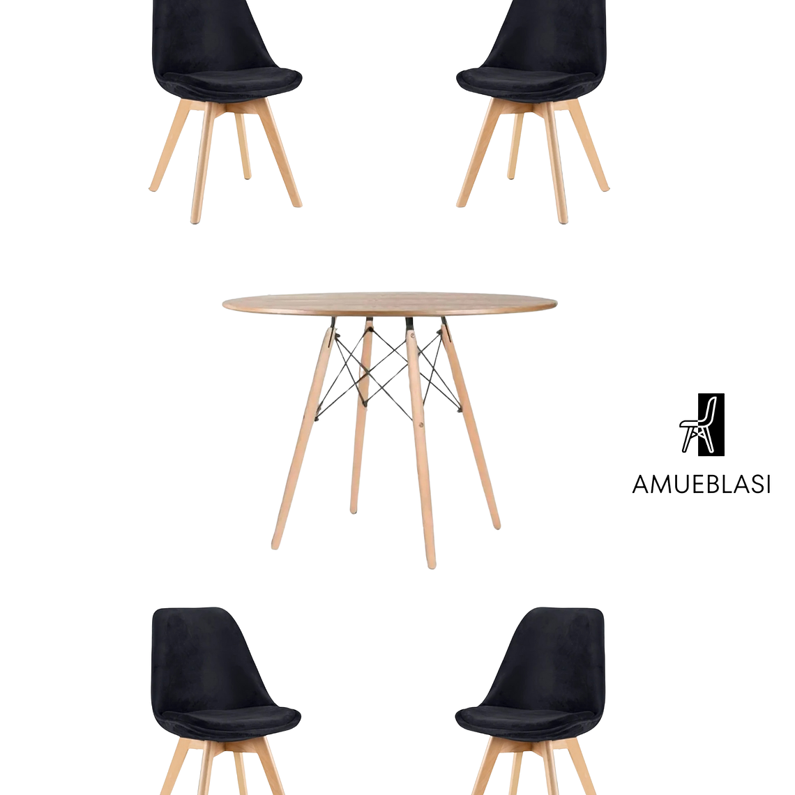 Comedor Mesa Redonda Melamina Eames Madera 120 cm + Sillas Tulip Velvet 3