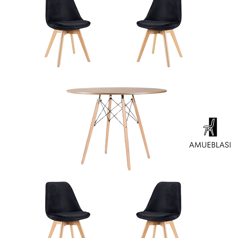 Comedor Mesa Redonda Melamina Eames Madera 120 cm + Sillas Tulip Velvet 3