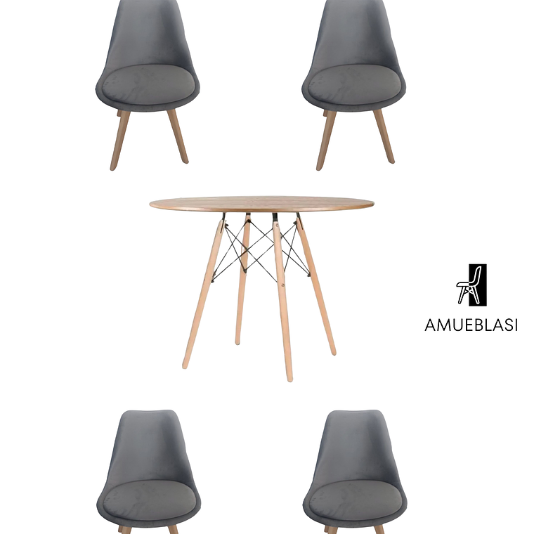 Comedor Mesa Redonda Melamina Eames Madera 120 cm + Sillas Tulip Velvet 5