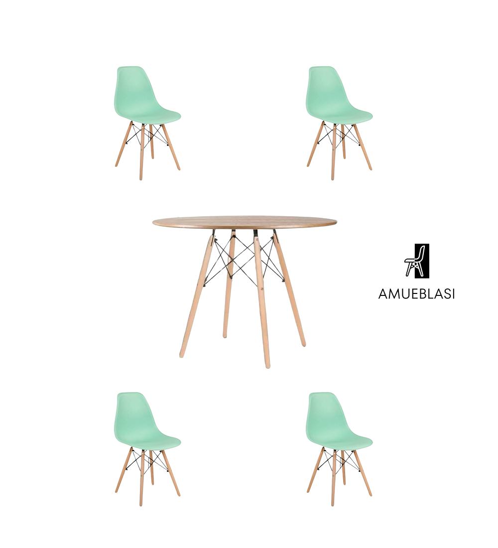 Comedor Mesa Redonda Melamina Eames Madera 120 cm + Sillas Eames