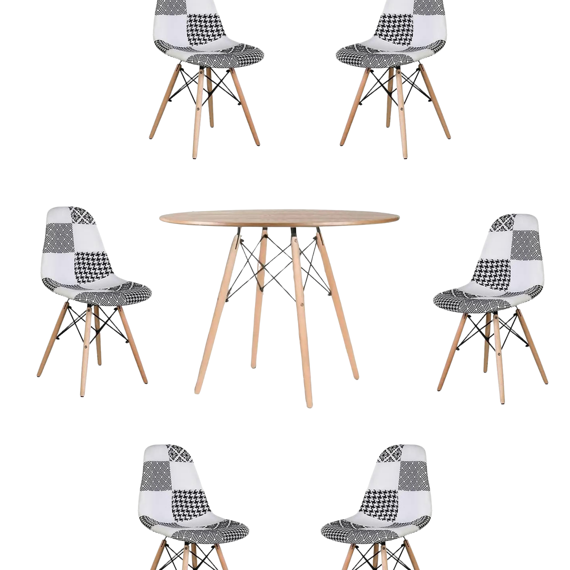 Comedor Mesa Redonda Melamina Eames Madera 120 cm + Sillas Patchwork 2