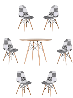 Comedor Mesa Redonda Melamina Eames Madera 120 cm + Sillas Patchwork
