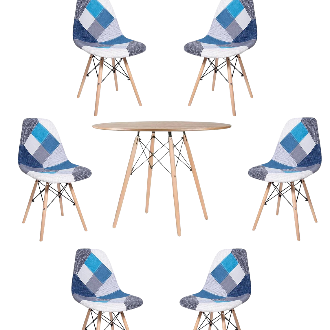 Comedor Mesa Redonda Melamina Eames Madera 120 cm + Sillas Patchwork 4