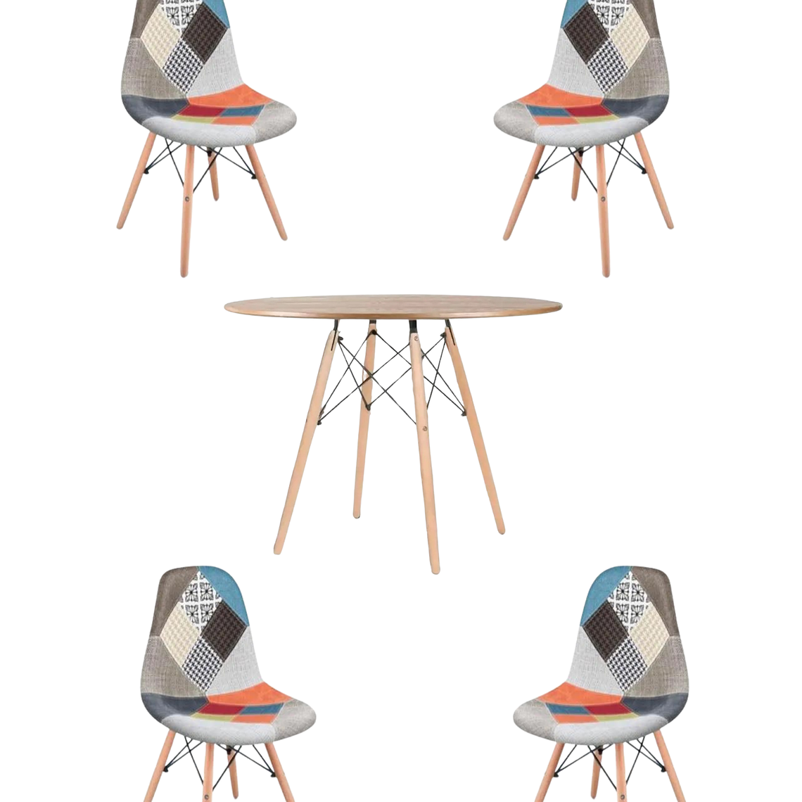 Comedor Mesa Redonda Melamina Eames Madera 120 cm + Sillas Patchwork 5