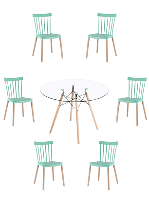 Comedor Mesa Redonda Vidrio Eames 120 cm + Sillas Windsor