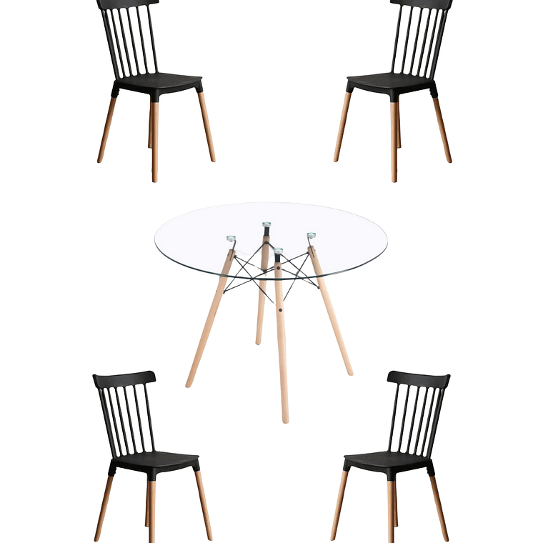 Comedor Mesa Redonda Vidrio Eames 120 cm + Sillas Windsor 7