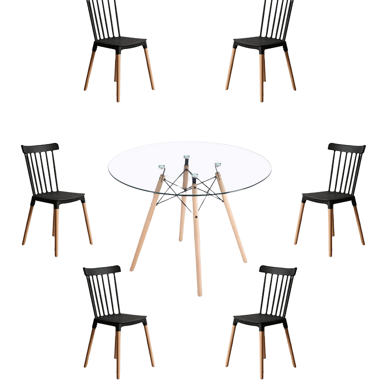 Comedor Mesa Redonda Vidrio Eames 120 cm + Sillas Windsor 8