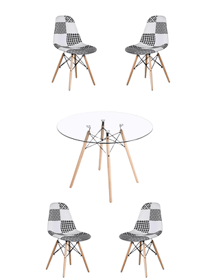 Comedor Mesa Redonda Vidrio Eames 120 cm + Sillas Patchwork