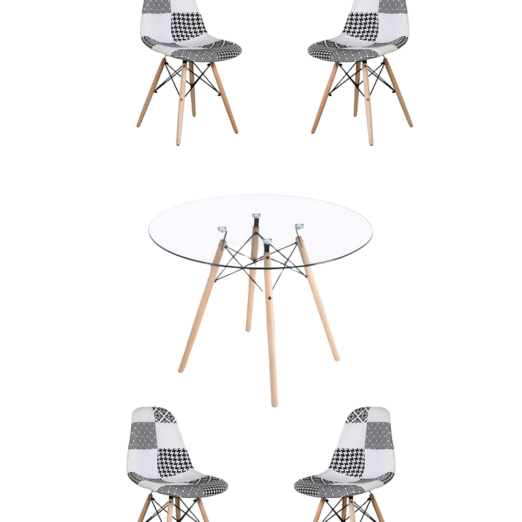Comedor Mesa Redonda Vidrio Eames 120 cm + Sillas Patchwork 1