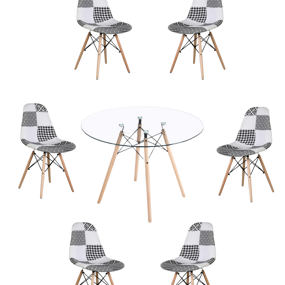Comedor Mesa Redonda Vidrio Eames 120 cm + Sillas Patchwork 2