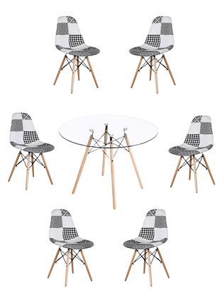 Comedor Mesa Redonda Vidrio Eames 120 cm + Sillas Patchwork
