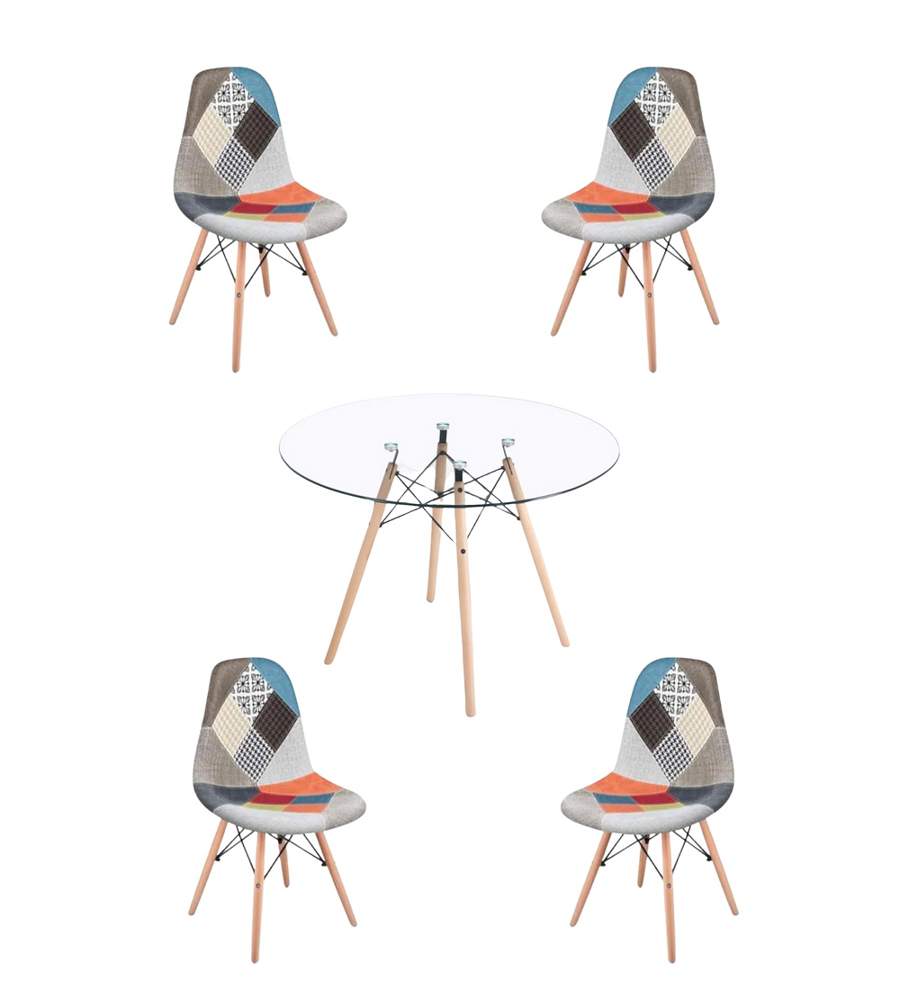 Comedor Mesa Redonda Vidrio Eames 120 cm + Sillas Patchwork