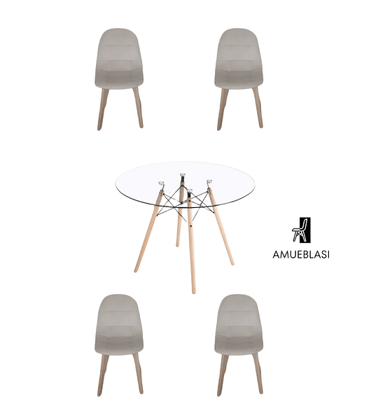 Mesa Redonda Vidrio Eames 120 cm + Sillas Capitone - beige