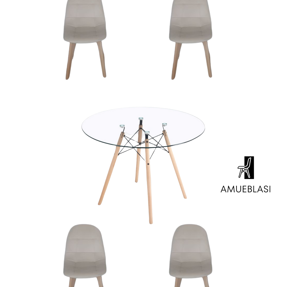 Mesa Redonda Vidrio Eames 120 cm + Sillas Capitone 5