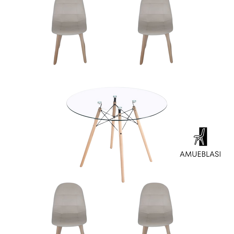 Mesa Redonda Vidrio Eames 120 cm + Sillas Capitone 5