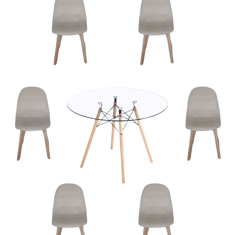 Mesa Redonda Vidrio Eames 120 cm + Sillas Capitone 6