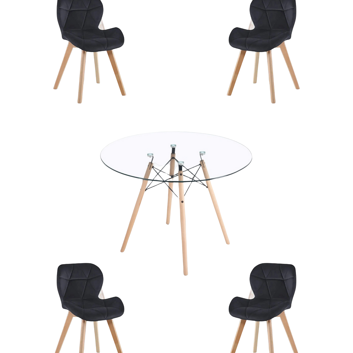 Comedor Mesa Redonda Vidrio Eames 120 cm + Sillas Radar Velvet 1