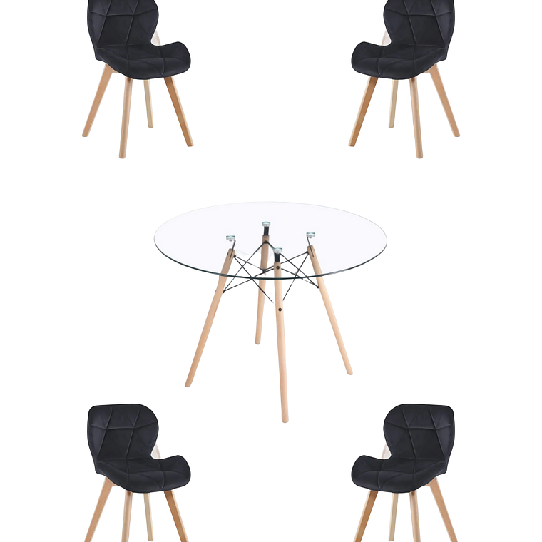 Comedor Mesa Redonda Vidrio Eames 120 cm + Sillas Radar Velvet 1